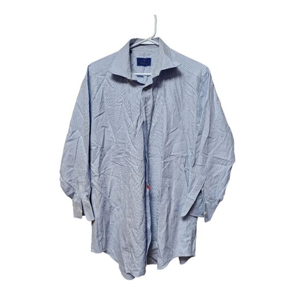 3027 - David Donahue Dress Shirt Mens 17.5  34/35 Blue Striped 100% Cotton - Picture 1 of 3